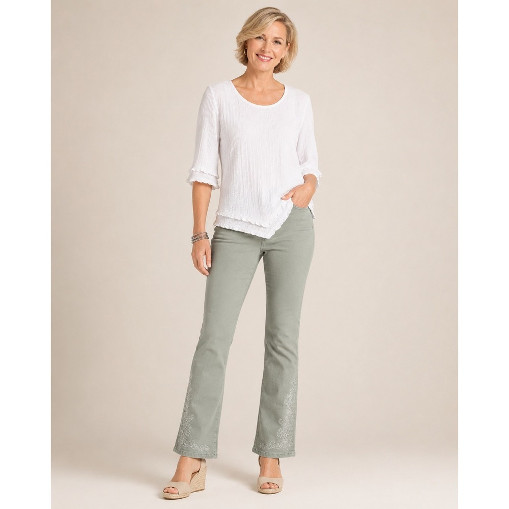 Soft Surroundings Womens Embroidered Slim Leg Pants 8T Sage Green Floral Stretch